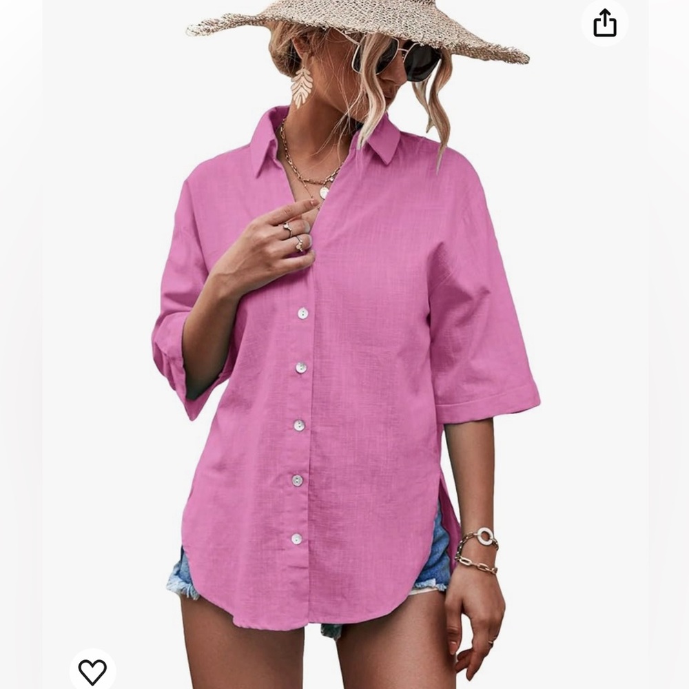 Unisex Half Sleeve V Neck Button Down Shirt Drop Shoulder Collared Blouse Top